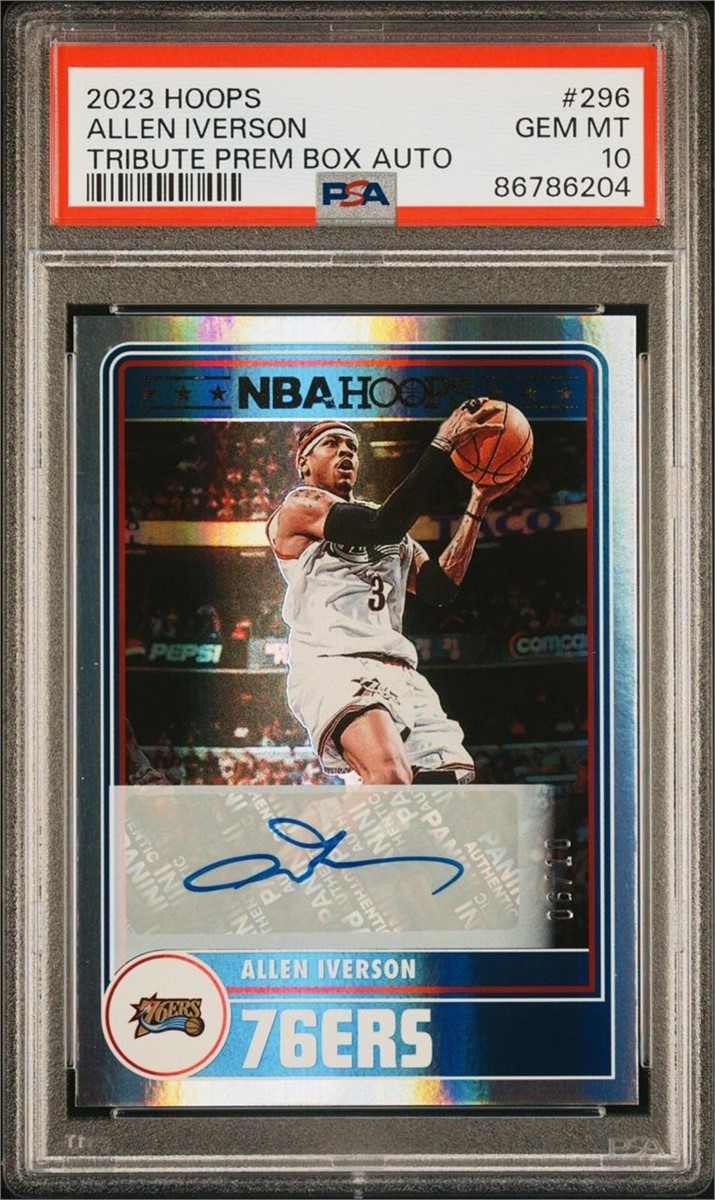 Independent public reference photo of Allen Iverson 2023 Hoops #296 Tribute Premium Box Set Autograph, serial 06/10, PSA 10 certificate 86786204. This is not the requester’s PSA 9 / Auto 10 copy.