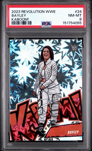 Independent public photograph of a 2023 Revolution WWE Bayley Kaboom! #24 in a PSA 8 holder, certificate 151754055. This is not the requester's replacement card.