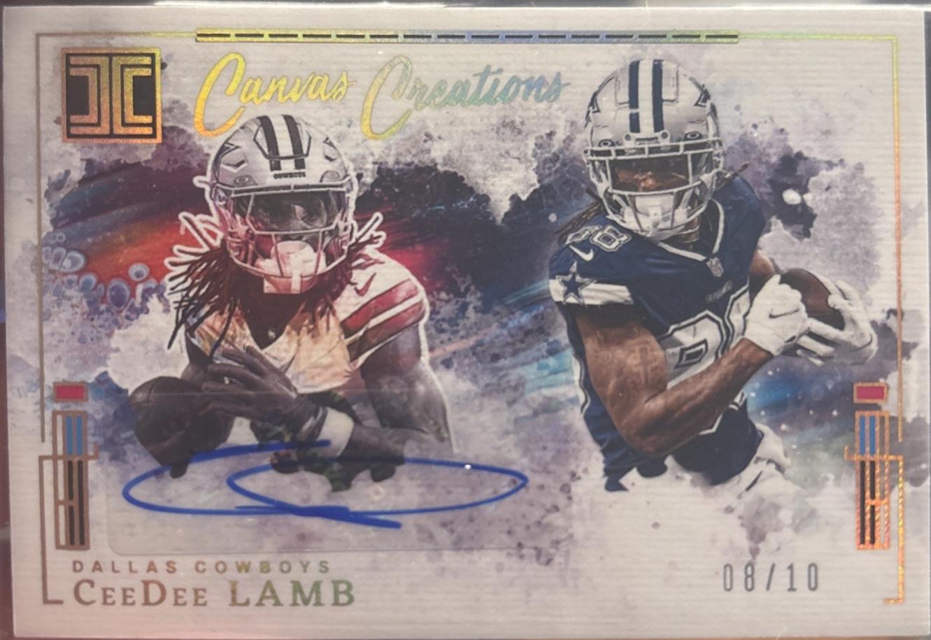 Actual public reference photo of CeeDee Lamb 2025 Panini Impeccable Canvas Creations Signatures with Gold foil and serial 08/10. This is a different parallel and physical copy from the submitted standard 04/25 autograph.