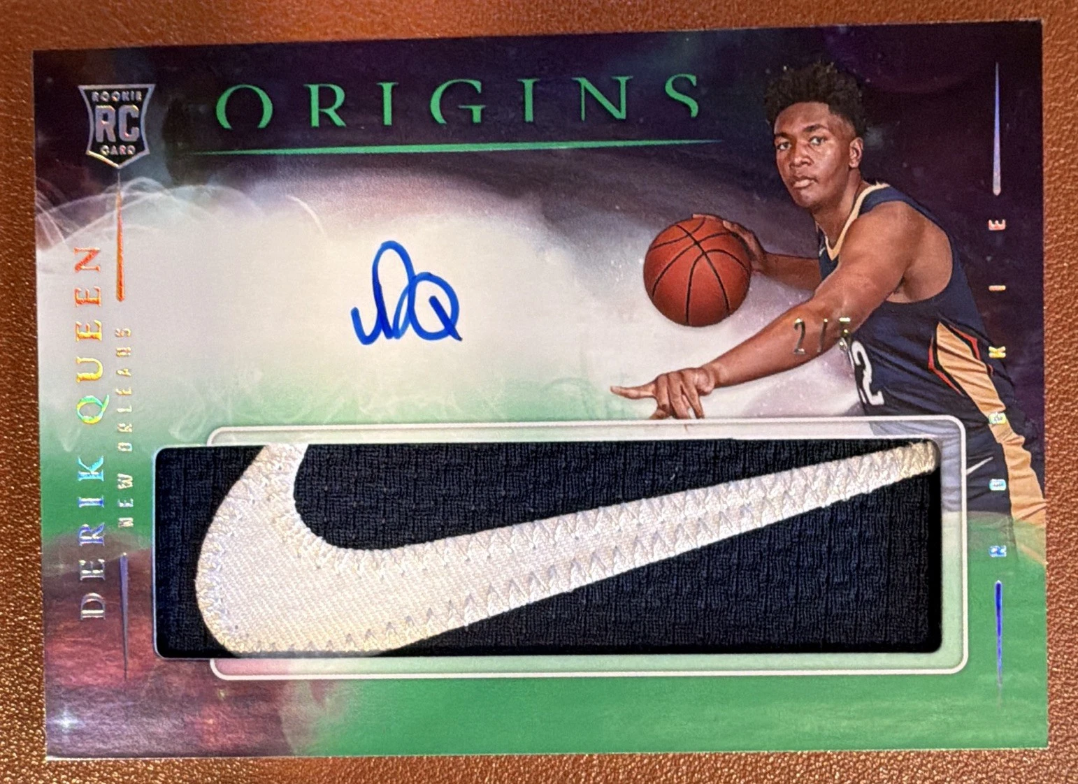 Derik Queen Origins Green Rookie Jersey Autographs RJA-QUE, independent copy 2/5, with a white Nike swoosh on navy fabric.