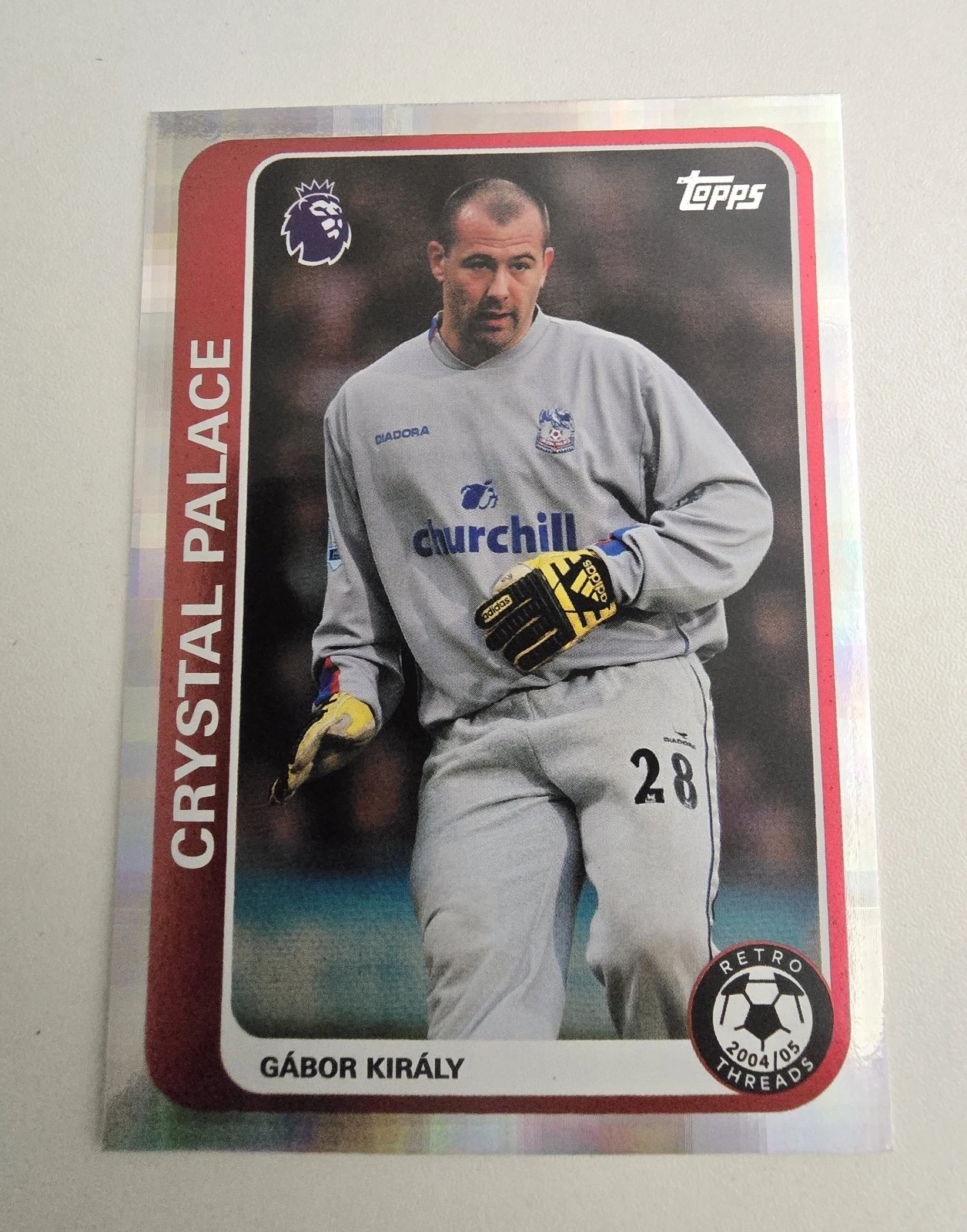 Reference image of Gábor Király 2026–27 Topps Retro Threads base RT9 listing copy; the report concerns Red /5.