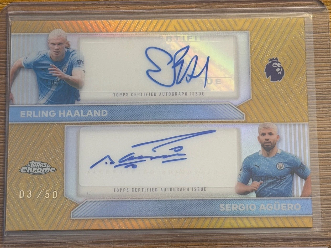 Independent Gold 03/50 Topps Chrome Premier League dual autograph of Erling Haaland and Sergio Agüero, with two sticker autographs; not the submitted card.