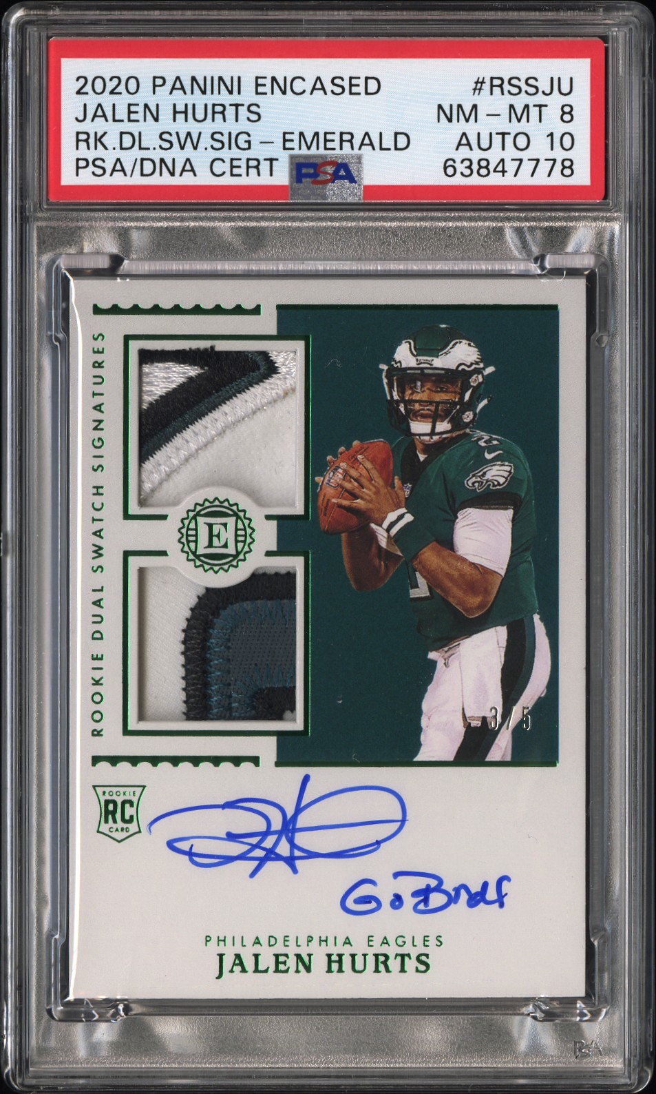 PSA certification photo of Jalen Hurts 2020 Panini Encased Rookie Dual Swatch Signatures Emerald #RSS-JU, serial 3/5, with two memorabilia swatches, autograph and Go Birds inscription. This is one of the five cards in market evidence lot 652.