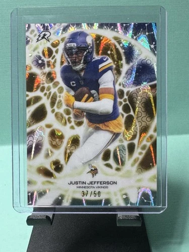Actual photograph of Justin Jefferson 2025 Topps Resurgence Protonyx PT-24 Gold Power Surge 37/50 in a clear holder. This independent sold reference is a different physical copy from the requested 14/50 card.