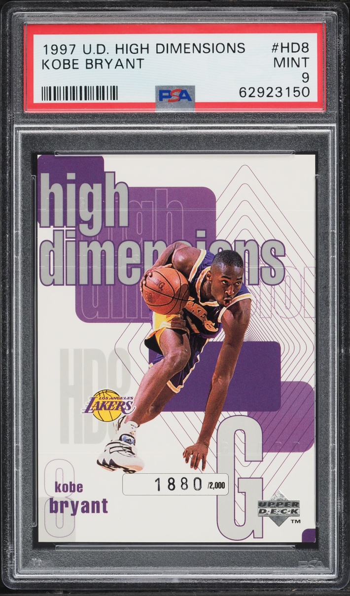 Independent market evidence reference photo of 1997–98 Upper Deck High Dimensions Kobe Bryant HD8, serial 1880/2000, in a PSA 9 holder. This is a different physical card and grade from the raw 1096/2000 copy being assessed.