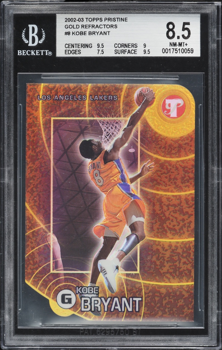 Independent market evidence reference photo of 2002–03 Topps Pristine Gold Refractor Kobe Bryant #8, serial 80/99, in a BGS 8.5 holder, certificate 0017510059. The submitted card is a different BGS 8.5 copy.