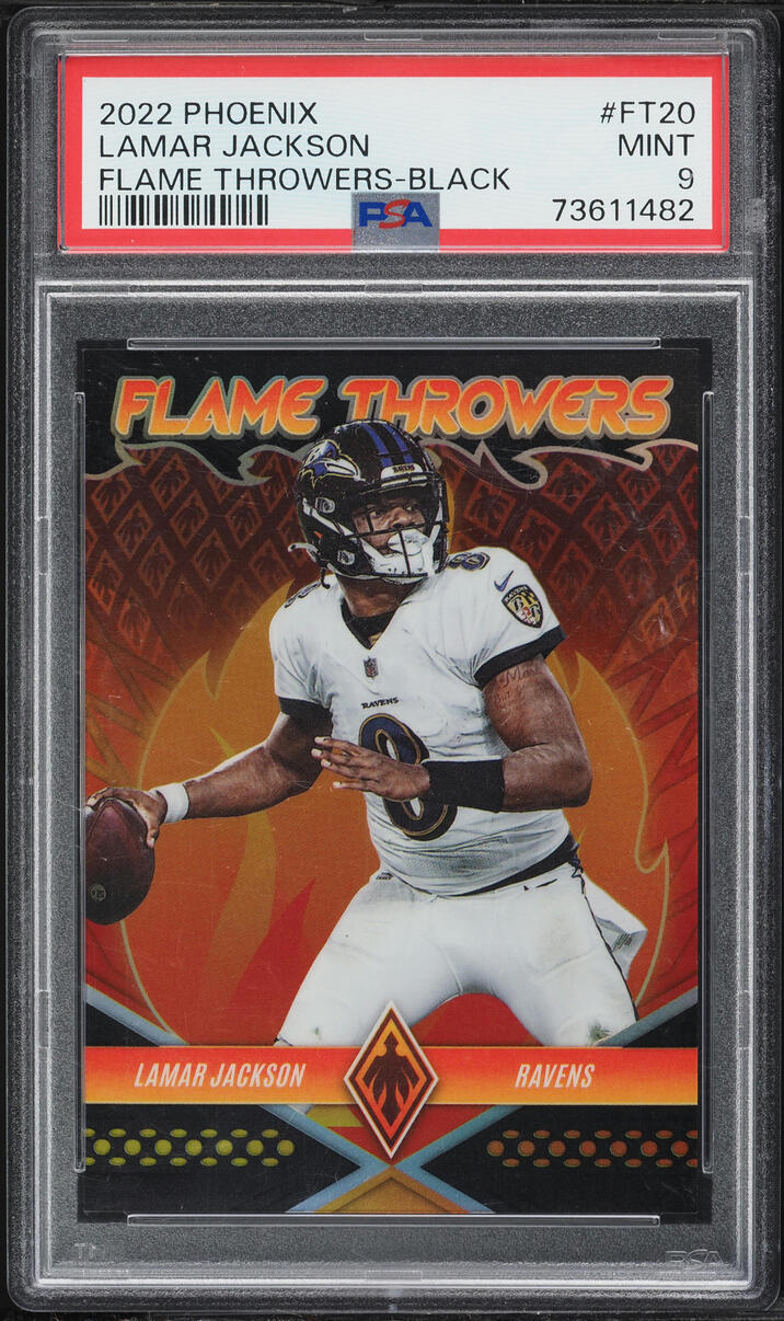 Independent PSA 9 reference photograph of Lamar Jackson 2022 Phoenix Flame Throwers Black FT-20, serial 09/10. Not the submitted 05/10.