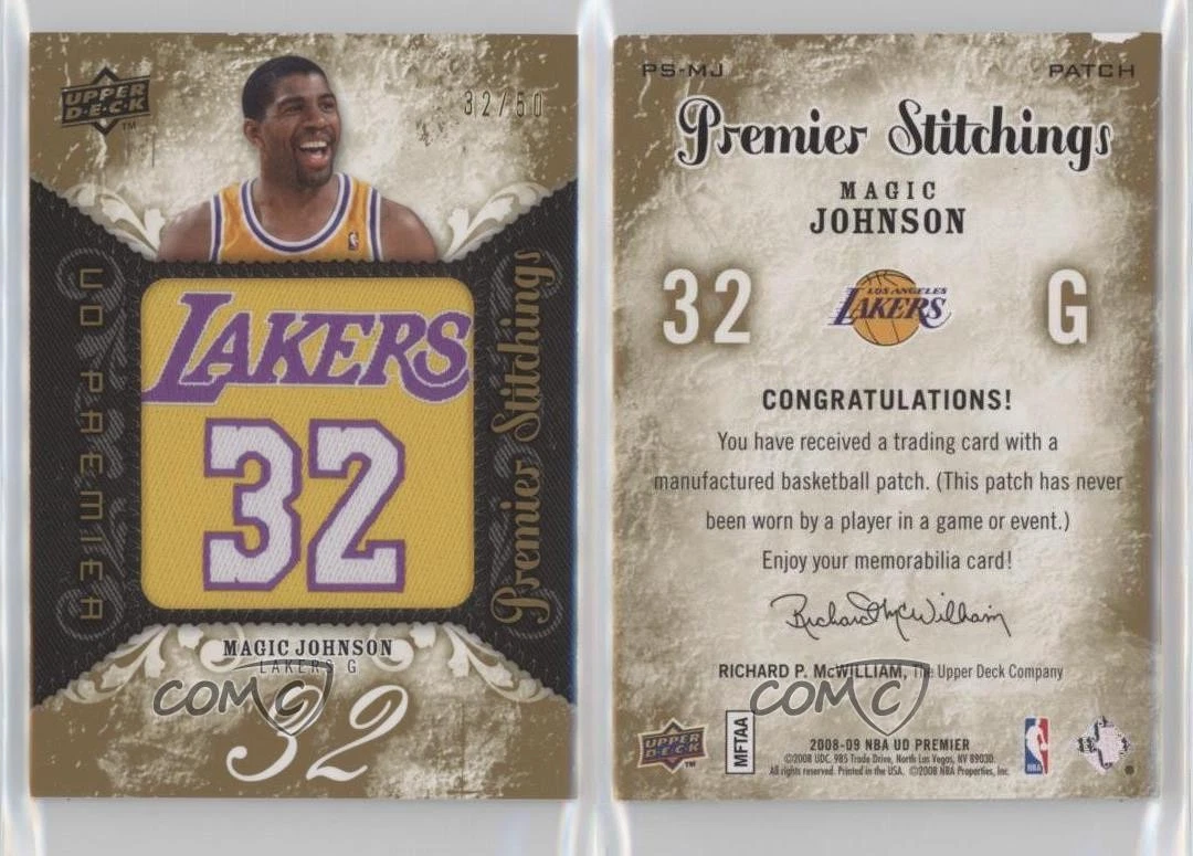 Reference image of 2008–09 Magic Johnson Premier Stitchings unsigned 32/50, sharing the design of the signed /5 assessed in this report.