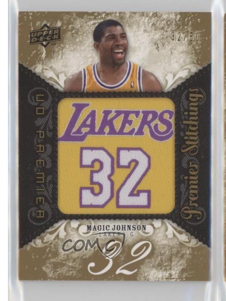 Reference image of 2008–09 Magic Johnson Premier Stitchings unsigned 32/50, sharing the design of the signed /5 assessed in this report.