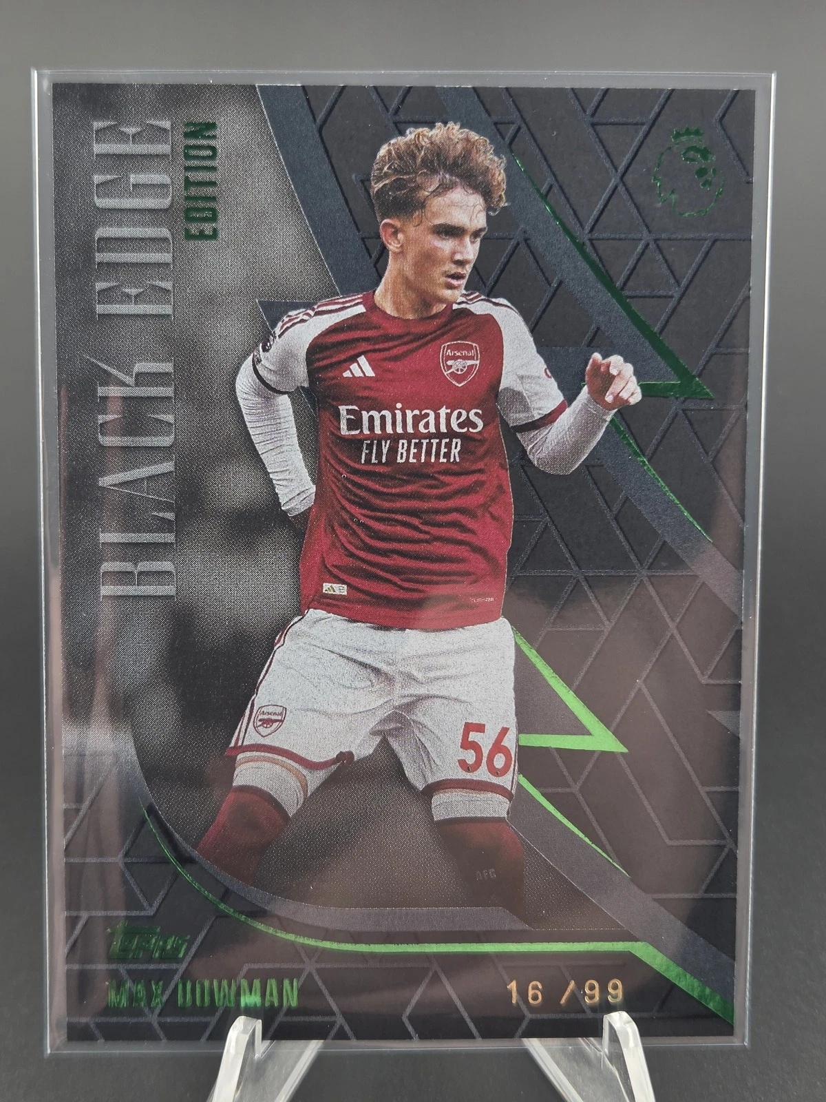 Reference photograph of 2026–27 Topps Black Edge Max Dowman BE-2 Green 16/99; the report concerns Red /5.