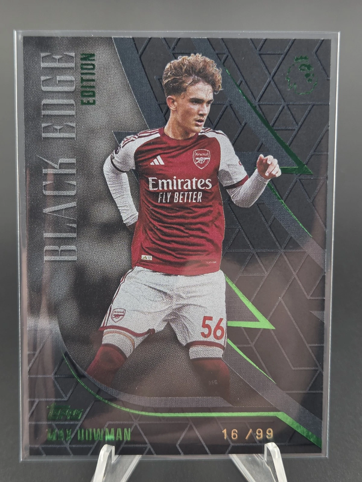 Reference photograph of 2026–27 Topps Black Edge Max Dowman BE-2 Green 16/99; the report concerns Red /5.
