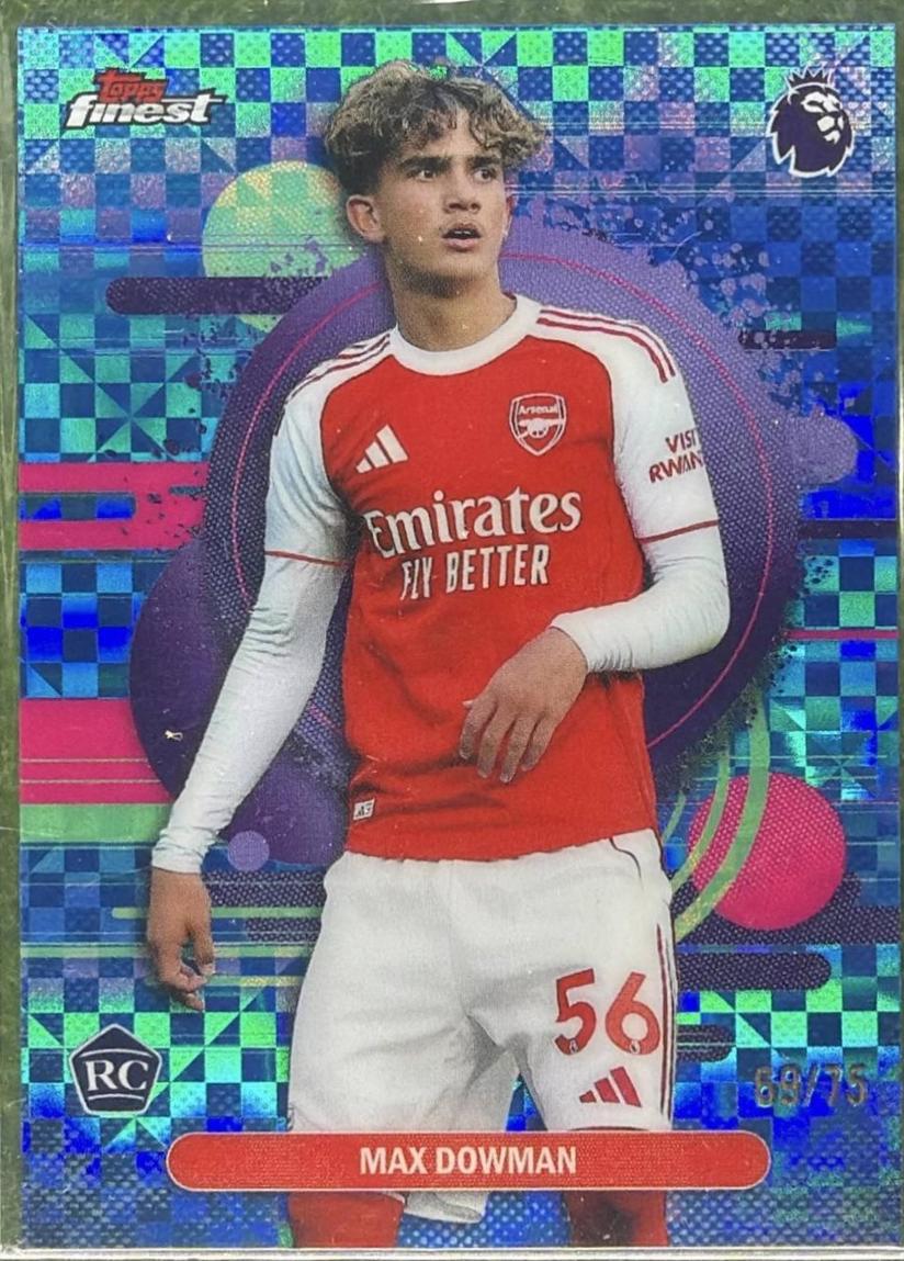 Independent public reference of Max Dowman Finest Premier League Uncommon #108 Blue Checkerboard Refractor, serial 69/75. Not the submitted 16/75.