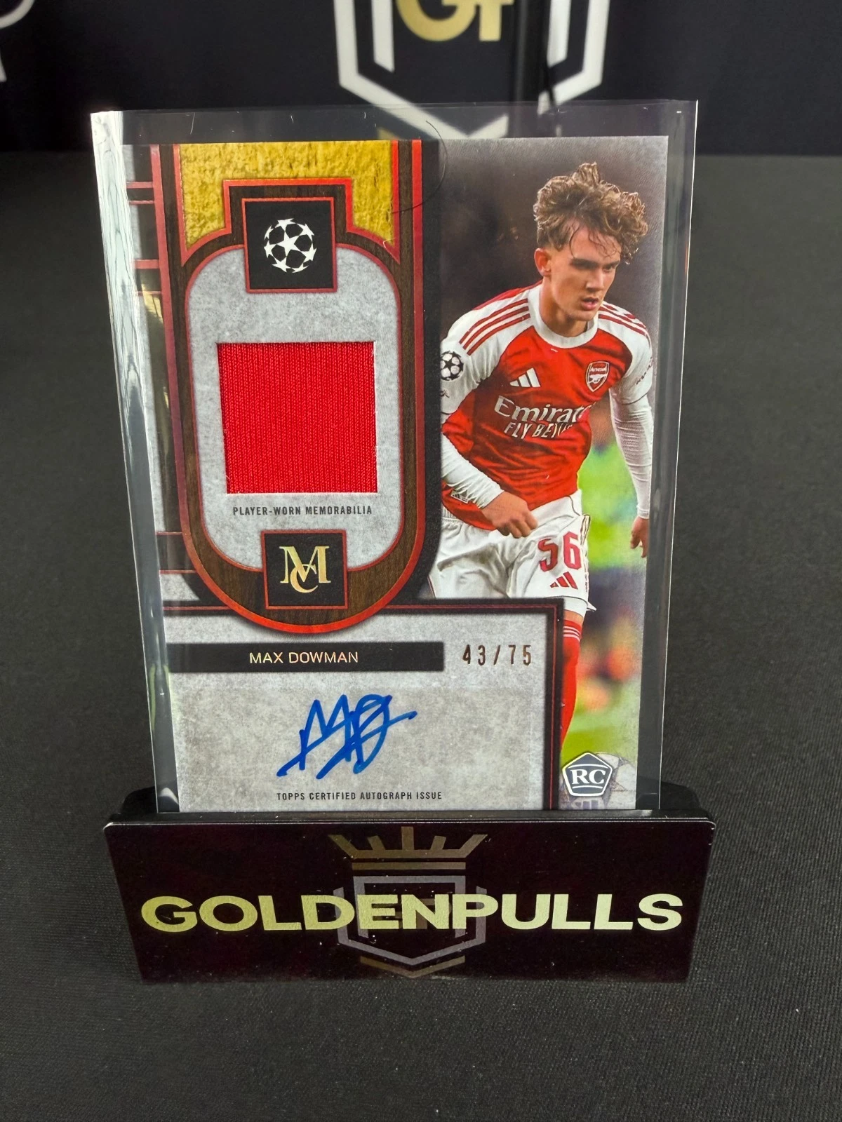 Max Dowman Museum Autograph Relic MAR-MD, related copy 43/75 with a red player-worn patch; different parallel from submitted 18/25.