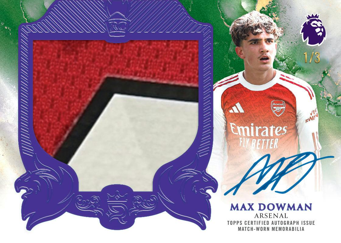 Topps manufacturer preview of Max Dowman Rookie Jumbo Autograph Relic Tyrian Purple 1/3. Different parallel from the Royal Blue /25 redemption; patch and signature appearance are illustrative.