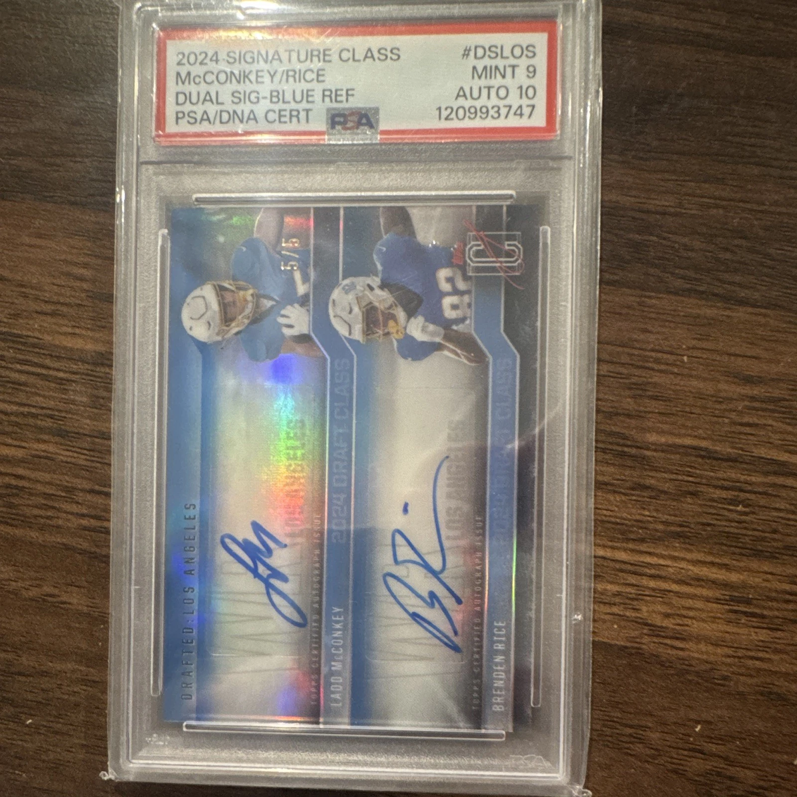 Actual independent photograph of Ladd McConkey and Brenden Rice 2024 Topps Signature Class Dual Signatures Blue Refractor 5/5 in a PSA Mint 9 holder with Auto 10, certificate 120993747. It is not the submitted card.