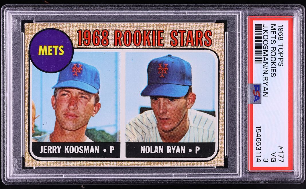 Independent market evidence auction photograph of 1968 Topps #177 Nolan Ryan and Jerry Koosman in a PSA 3 VG holder, not the submitted raw card.