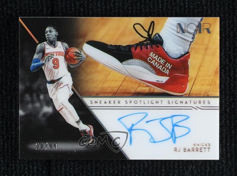 Actual public reference photo of RJ Barrett 2020–21 Panini Noir Sneaker Spotlight Signatures #SSP-RJB, serial 20/99. The horizontal card shows Barrett in a Knicks uniform, a Made in Canada shoe and a blue autograph. market evidence watermark remains intact.