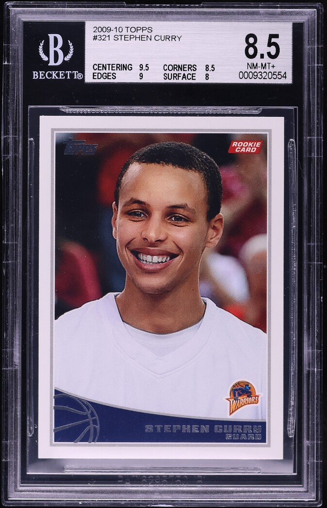 Independent public reference image of Stephen Curry's 2009 Topps base rookie number 321 in a BGS 8.5 slab, certificate 0009320554. This is a different card from the submitted certificate 0011018505.