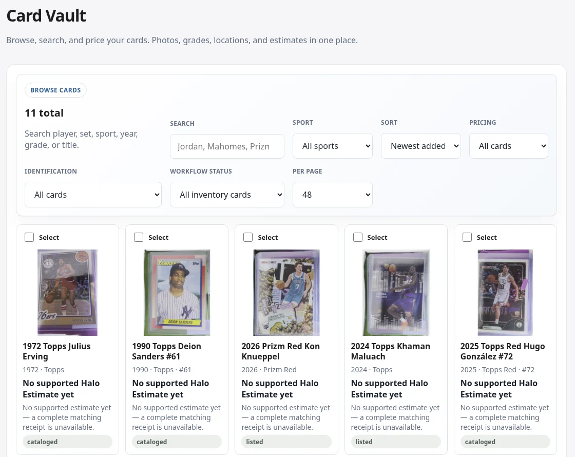 Real HaloVault collection screen with card images, search and available value evidence
