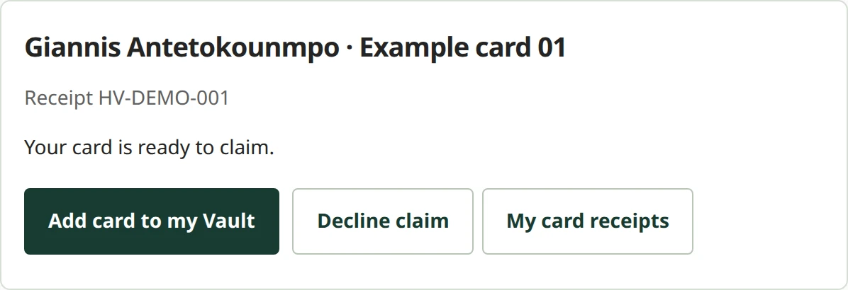 HaloVault buyer claim pilot interface with synthetic card data
