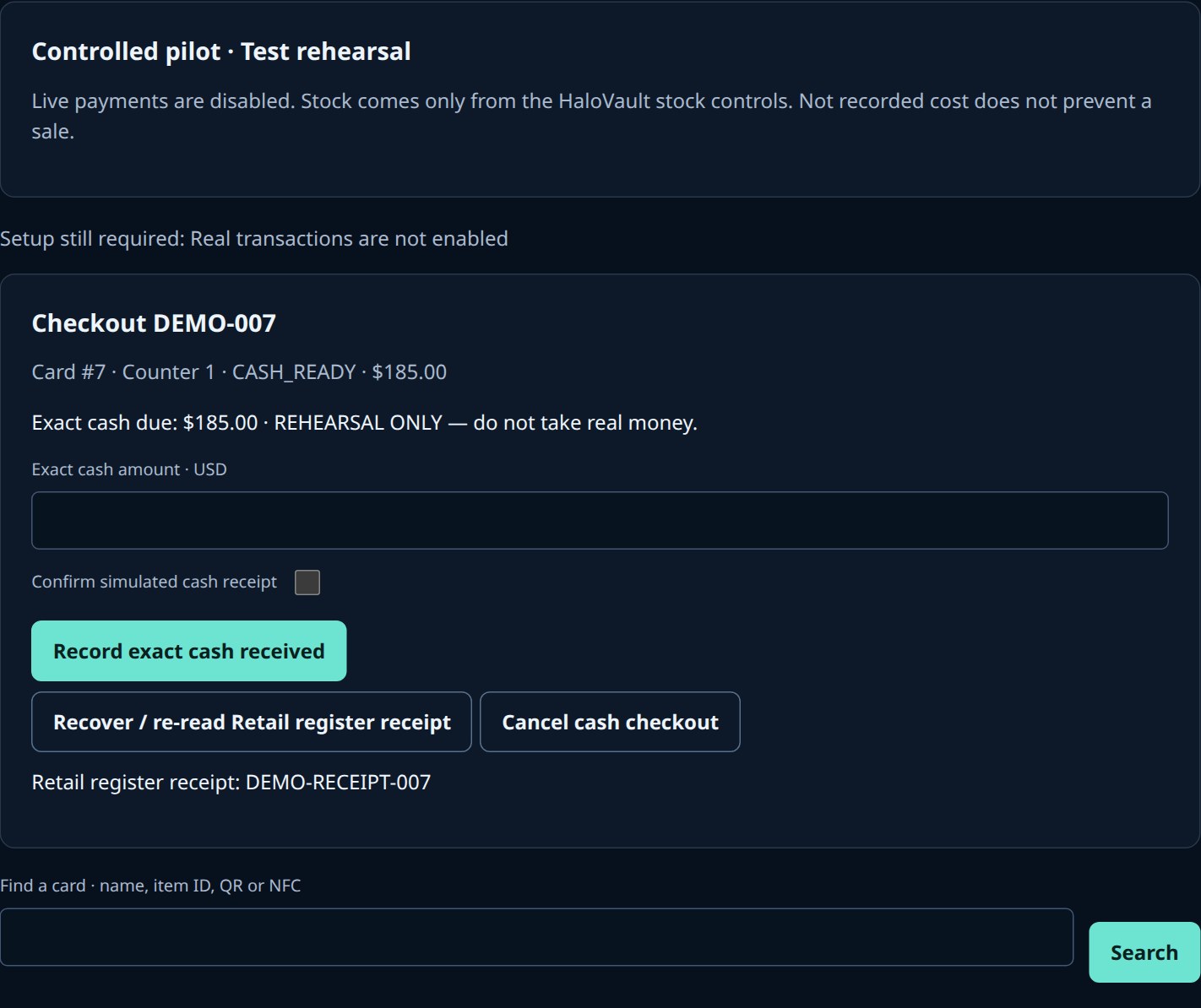 HaloVault sale pilot interface with synthetic card data