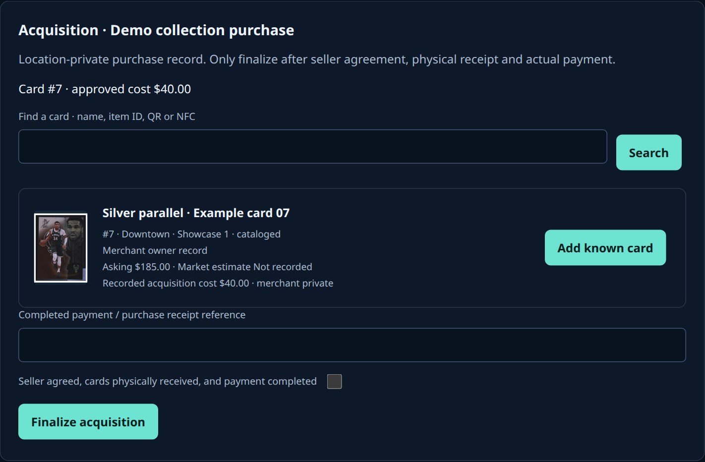 Card acquisition pilot showing an agreed purchase cost separate from a market estimate