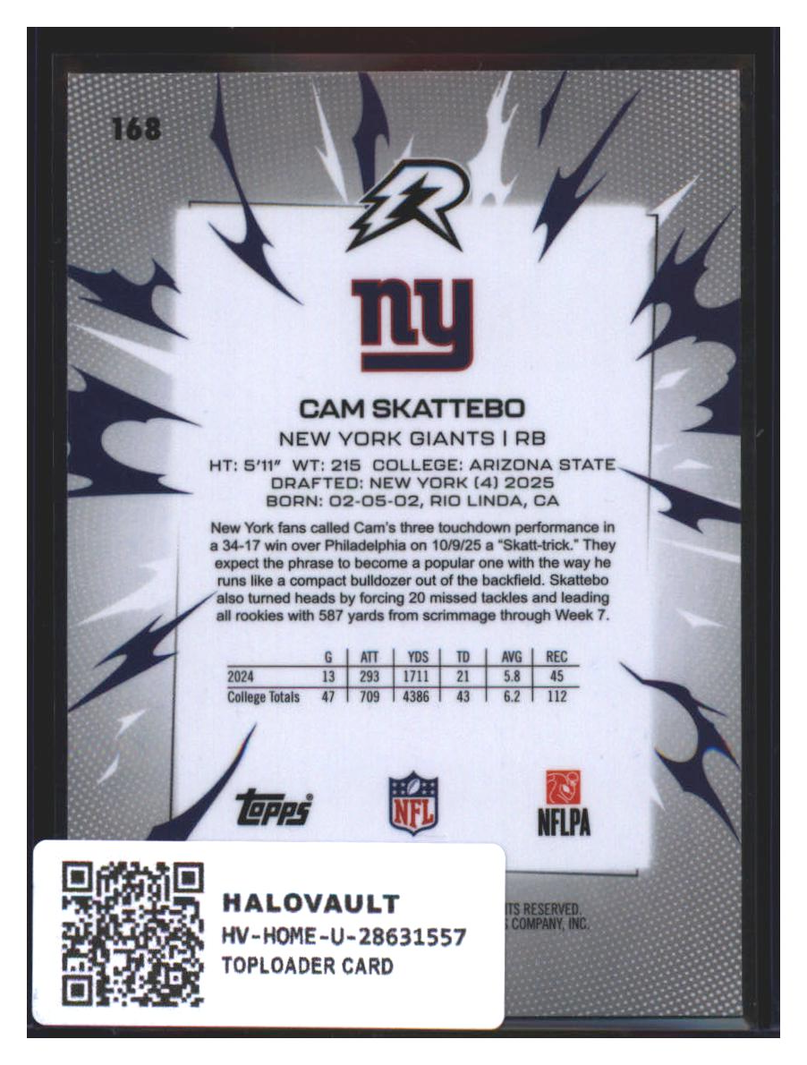 Photo 4 of 2025 Topps Rip Topps Rip Football Cam Skattebo #168