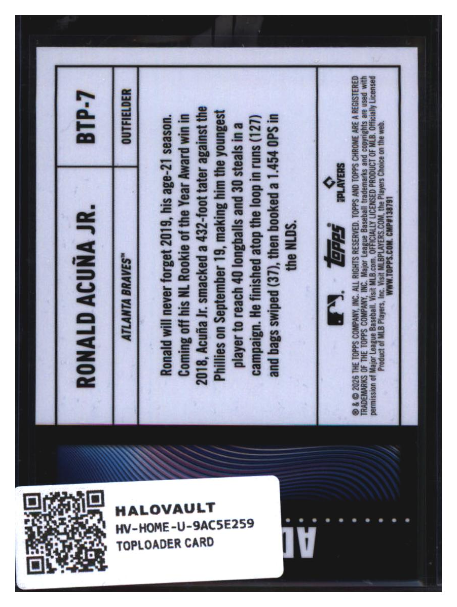 Photo 2 of 2024 Topps Topps Chrome 2024 Topps Chrome Big Ticket Player Ronald Acuña Jr. #BTP-7