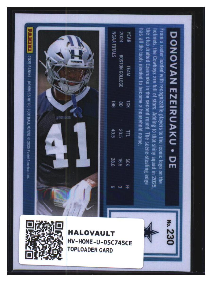 Photo 2 of 2024 Panini Donruss Optic Football Toploader Card Donovan Ezeiruaku #230
